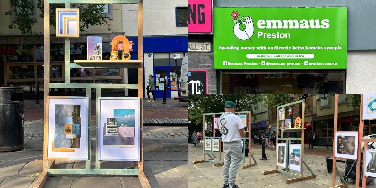 Encounter and Emmaus Collaboration Four images showing artwork on display on the Flag Market outside the Emmaus Preston shop