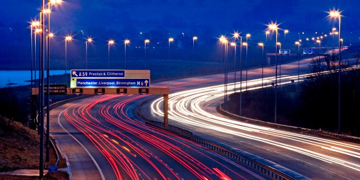 Motorway showing signpost to Preston and Clitheroe along the A59. 